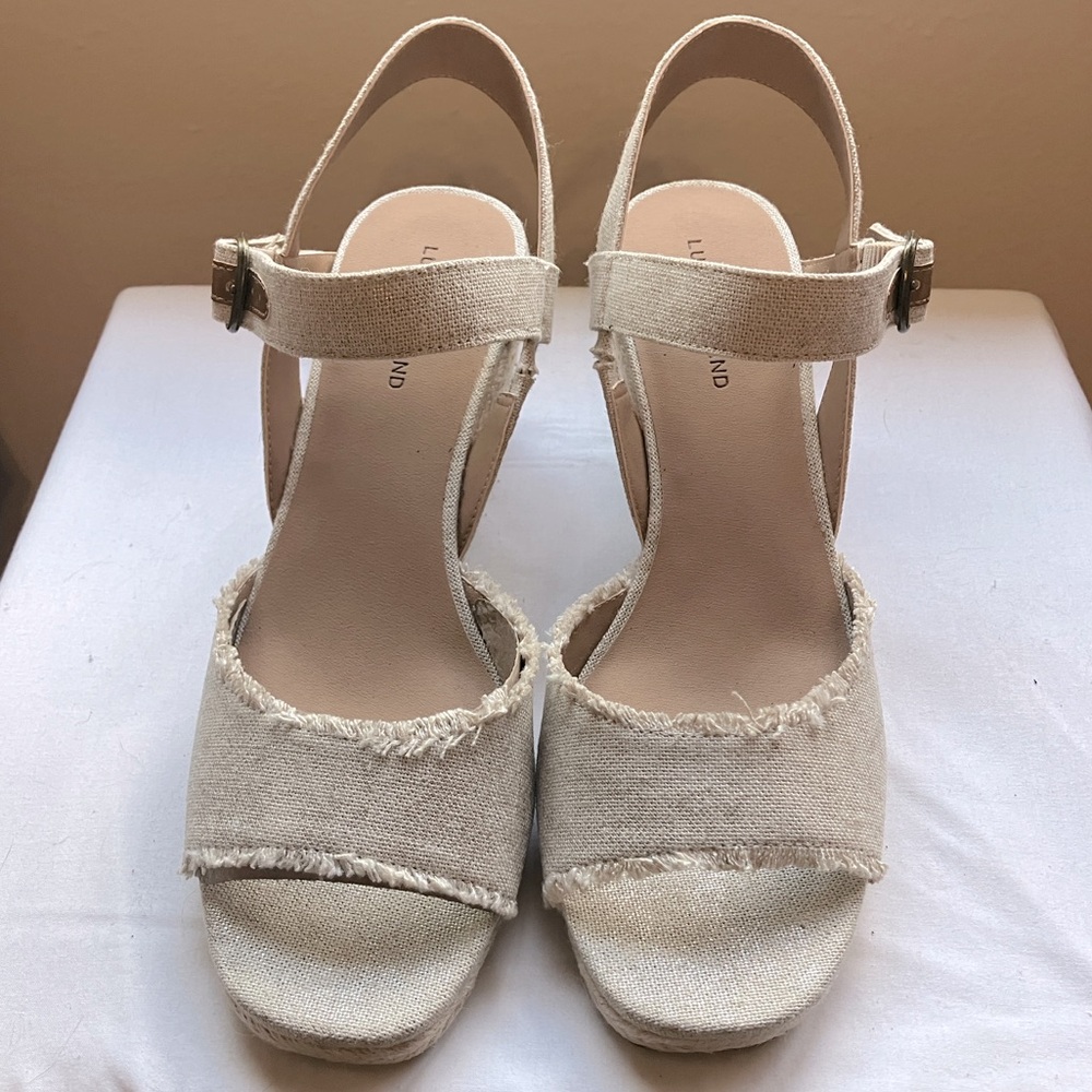 Lucky Brand Mindra Canvas Ankle Strap Espadrille Wedge Sandal Natural Size 10